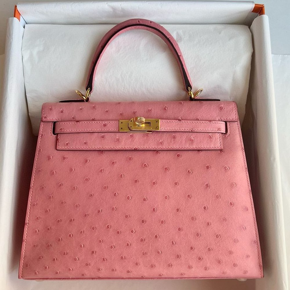 Hermes Kelly Sellier 25 Handmade Bag in Rose Bubblegum Ostrich Leather