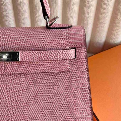 Hermes Kelly Sellier 25 Handmade Bag in Rose Confetti Lizard Leather