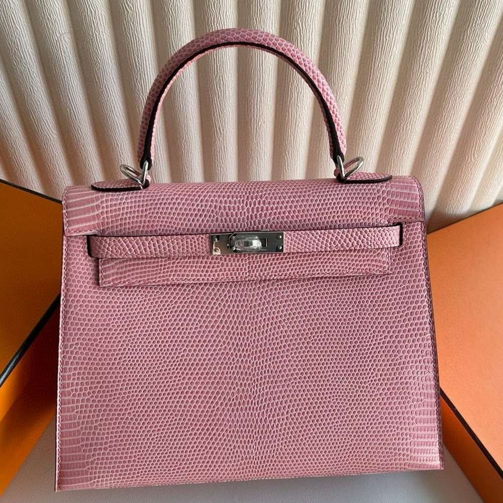 Hermes Kelly Sellier 25 Handmade Bag in Rose Confetti Lizard Leather