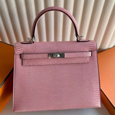 Hermes Kelly Sellier 25 Handmade Bag in Rose Confetti Lizard Leather