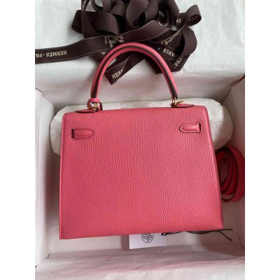 Hermes Kelly Sellier 25 Handmade Bag In Rose Lipstick Mysore Goatskin