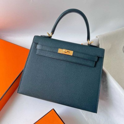 Hermes Kelly Sellier 25 Handmade Bag in Vert Cypres Epsom Calfskin