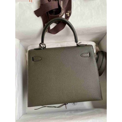 Hermes Kelly Sellier 25 Handmade Bag In Vert De Gris Epsom Calfskin