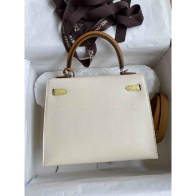 Hermes Kelly Sellier 25 Tricolor Bag in Craie/Sesame/Yellow Epsom Calfskin