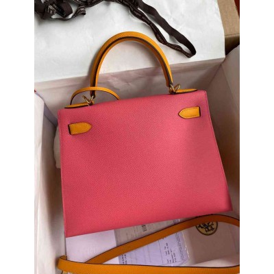 Hermes Kelly Sellier 28 Bicolor Bag in Rose Lipstick and Yellow Epsom Calfskin