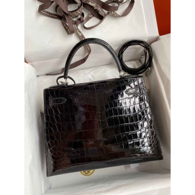 Hermes Kelly Sellier 28 Handmade Bag In Black Crocodile Niloticus Shiny Skin