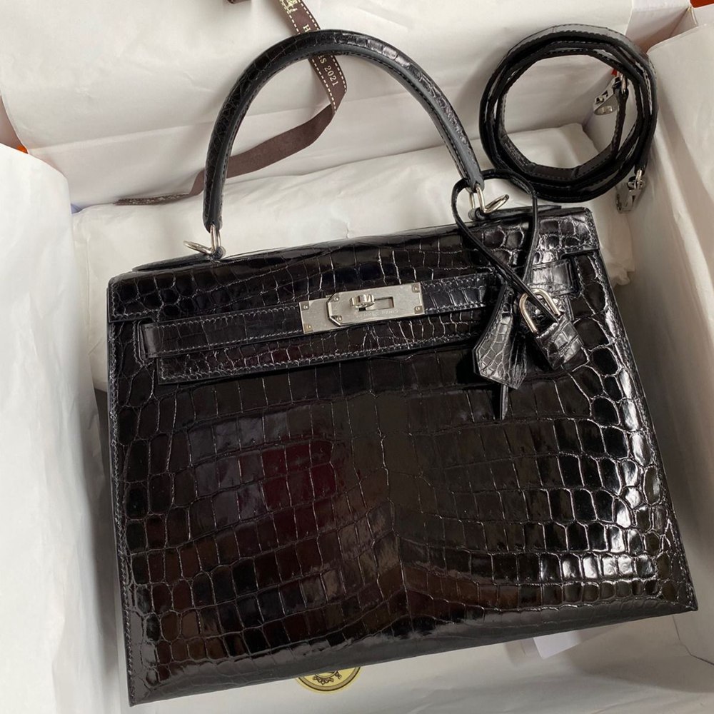 Hermes Kelly Sellier 28 Handmade Bag In Black Crocodile Niloticus Shiny Skin