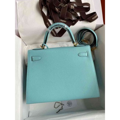 Hermes Kelly Sellier 28 Handmade Bag In Blue Atoll Epsom Calfskin