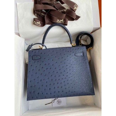 Hermes Kelly Sellier 28 Handmade Bag in Blue de Malte Ostrich Leather