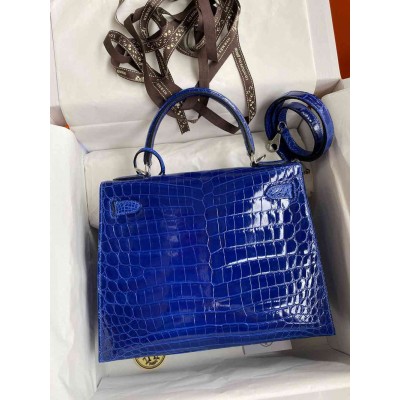 Hermes Kelly Sellier 28 Handmade Bag in Blue Electric Niloticus Crocodile Shiny Skin