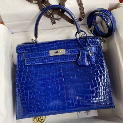 Hermes Kelly Sellier 28 Handmade Bag in Blue Electric Niloticus Crocodile Shiny Skin