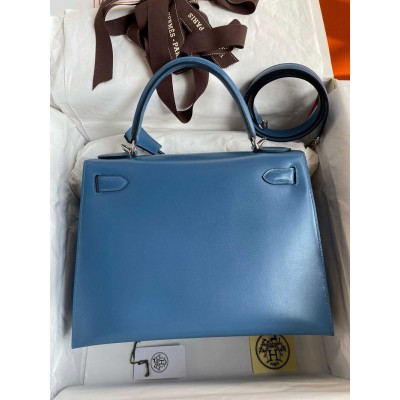 Hermes Kelly Sellier 28 Handmade Bag in Blue Jean Box Calfskin