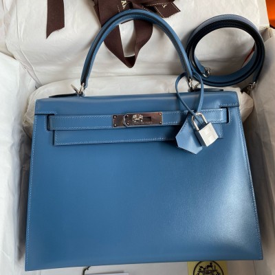 Hermes Kelly Sellier 28 Handmade Bag in Blue Jean Box Calfskin