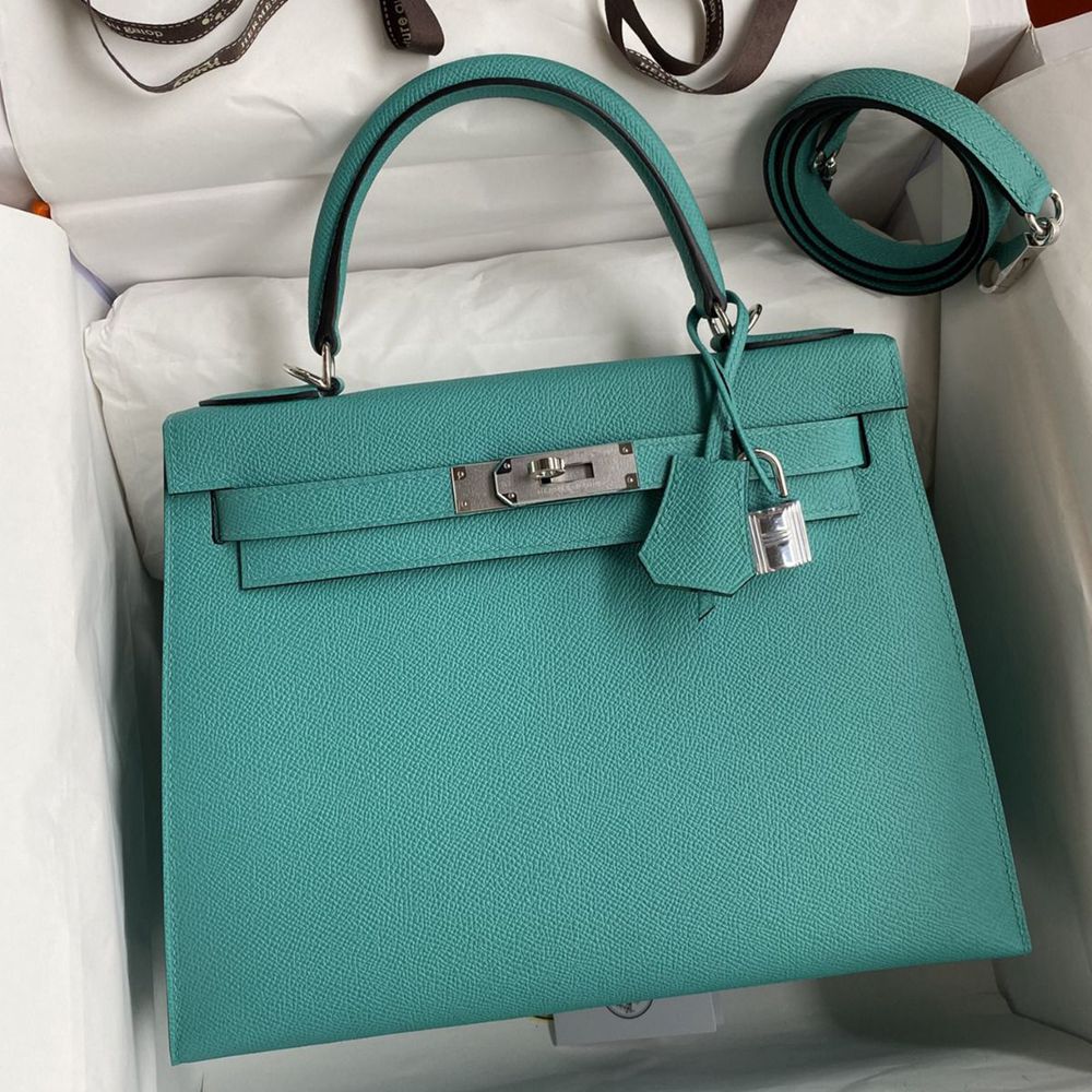 Hermes Kelly Sellier 28 Handmade Bag In Blue Paon Epsom Calfskin