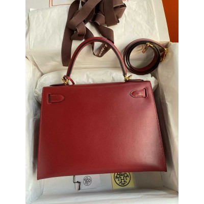 Hermes Kelly Sellier 28 Handmade Bag in Bordeaux Box Calfskin