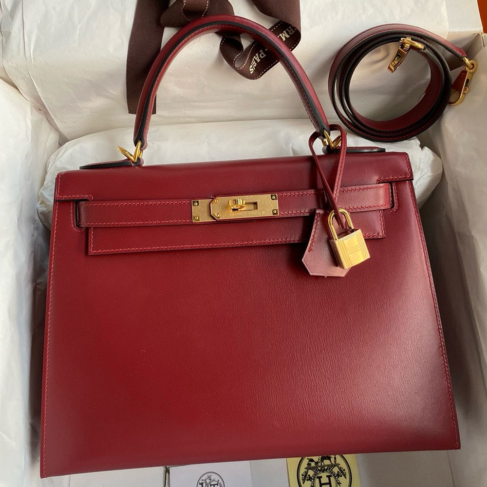 Hermes Kelly Sellier 28 Handmade Bag in Bordeaux Box Calfskin