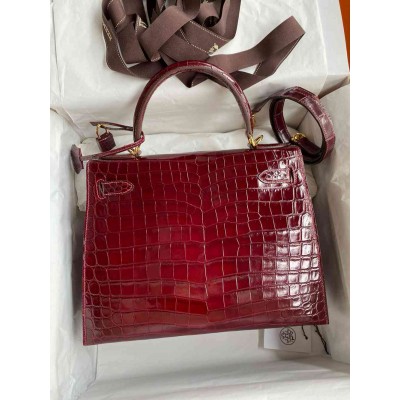 Hermes Kelly Sellier 28 Handmade Bag in Bordeaux Niloticus Crocodile Shiny Skin