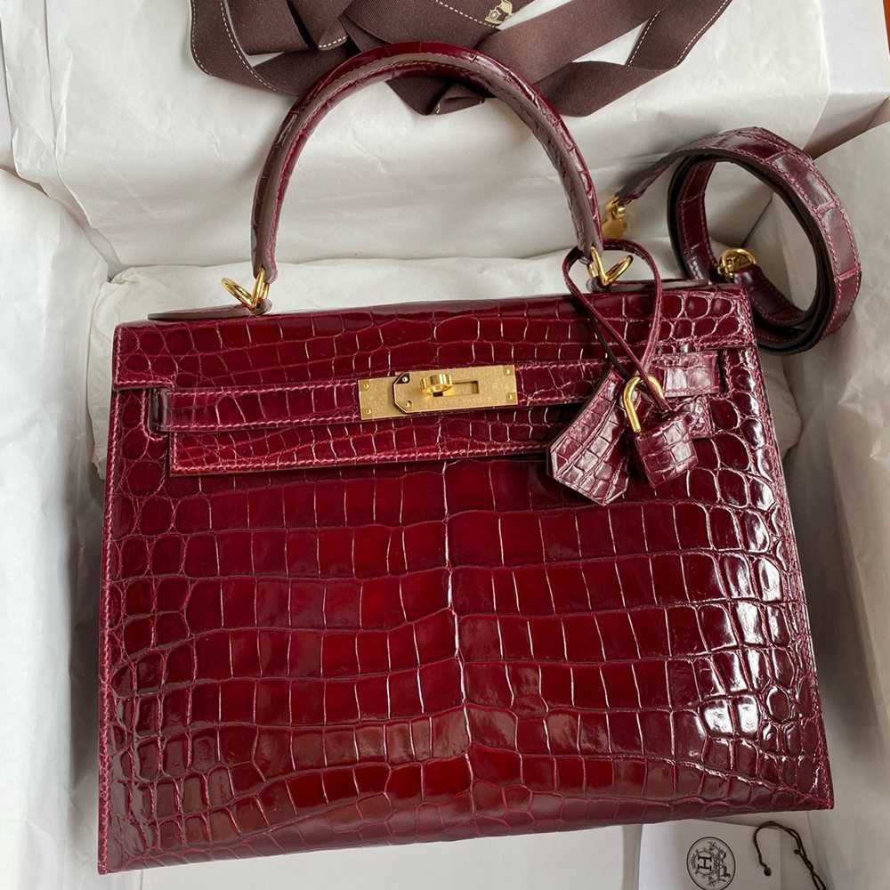 Hermes Kelly Sellier 28 Handmade Bag in Bordeaux Niloticus Crocodile Shiny Skin