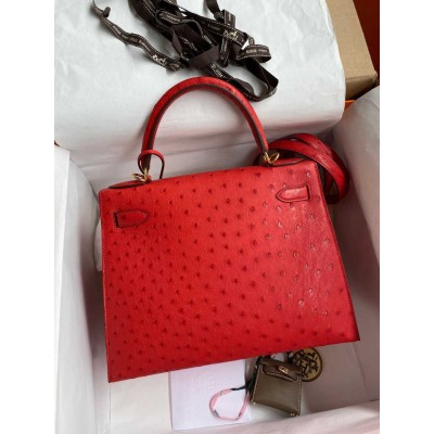 Hermes Kelly Sellier 28 Handmade Bag In Red Ostrich Leather