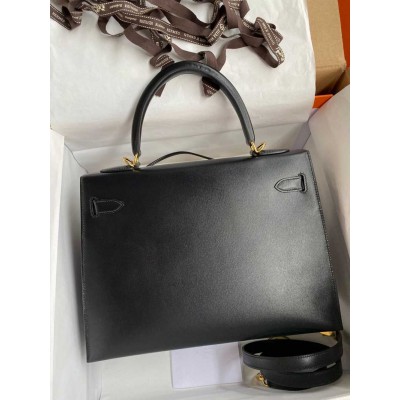 Hermes Kelly Sellier 32 Handmade Bag In Black Box Calfskin