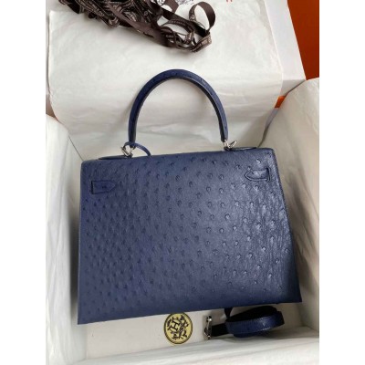 Hermes Kelly Sellier 32 Handmade Bag In Blue Iris Ostrich Leather