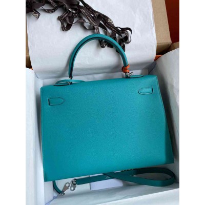 Hermes Kelly Sellier 32 Handmade Bag in Blue Paon Epsom Calfskin