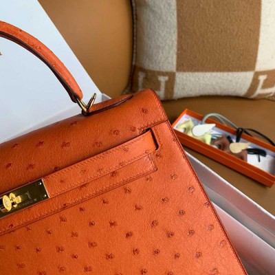 Hermes Kelly Sellier 32 Handmade Bag in Orange Ostrich Leather