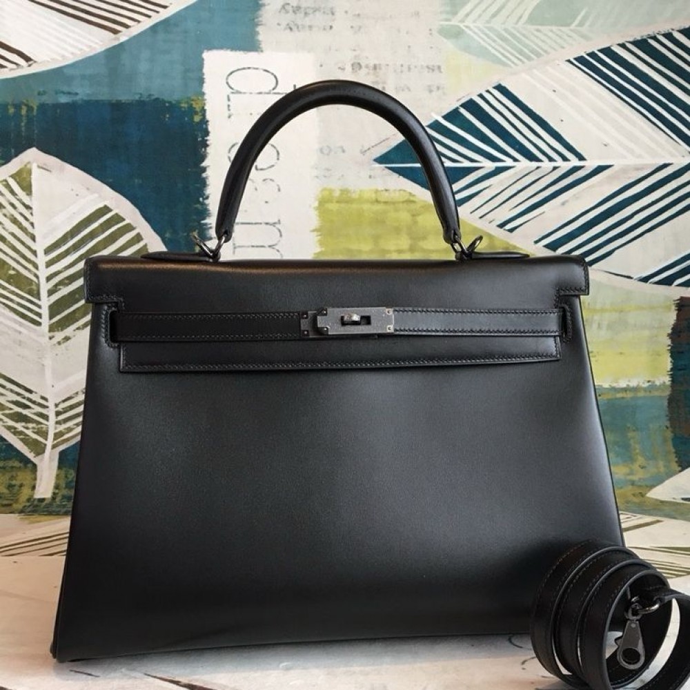 Hermes Kelly Sellier 35 Handmade Bag In Black Box Calfskin