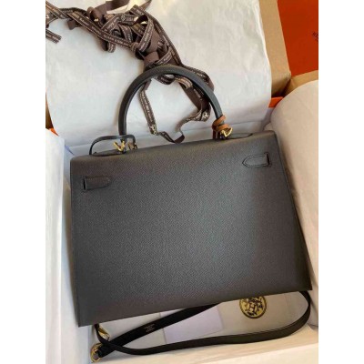 Hermes Kelly Sellier 35 Handmade Bag In Black Epsom Calfskin