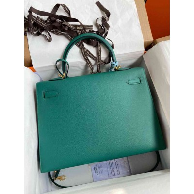 Hermes Kelly Sellier 35 Handmade Bag In Malachite Epsom Calfskin