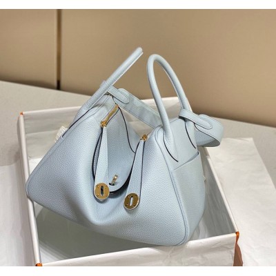 Hermes Lindy 26cm Bag In Blue Brume Clemence Leather GHW