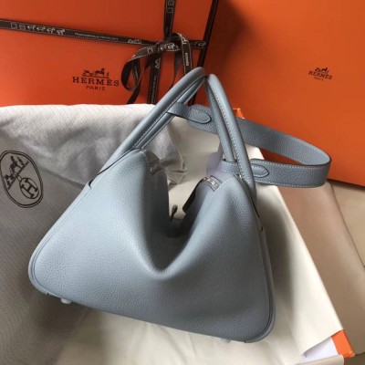 Hermes Lindy 26cm Bag In Blue Lin Clemence Leather PHW