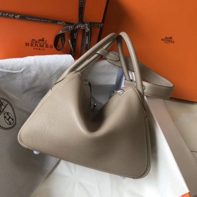 Hermes Lindy 26cm Bag In Gris Tourterelle Clemence Leather PHW