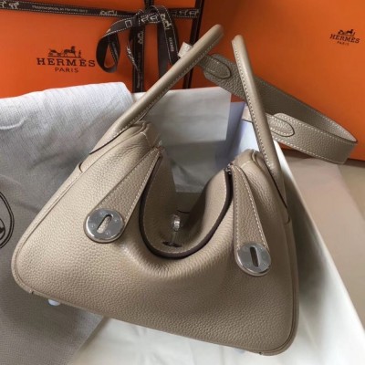 Hermes Lindy 26cm Bag In Gris Tourterelle Clemence Leather PHW