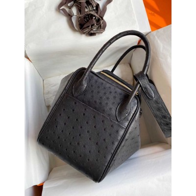 Hermes Lindy 30 Handmade Bag In Black Ostrich Leather