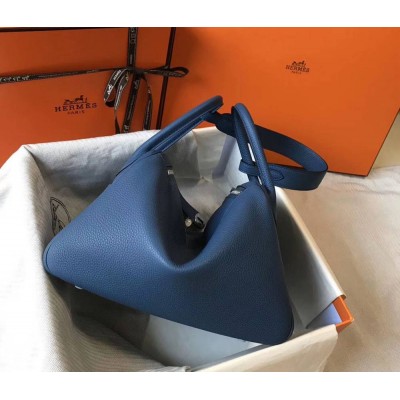 Hermes Lindy 30cm Bag In Blue Agate Clemence Leather PHW