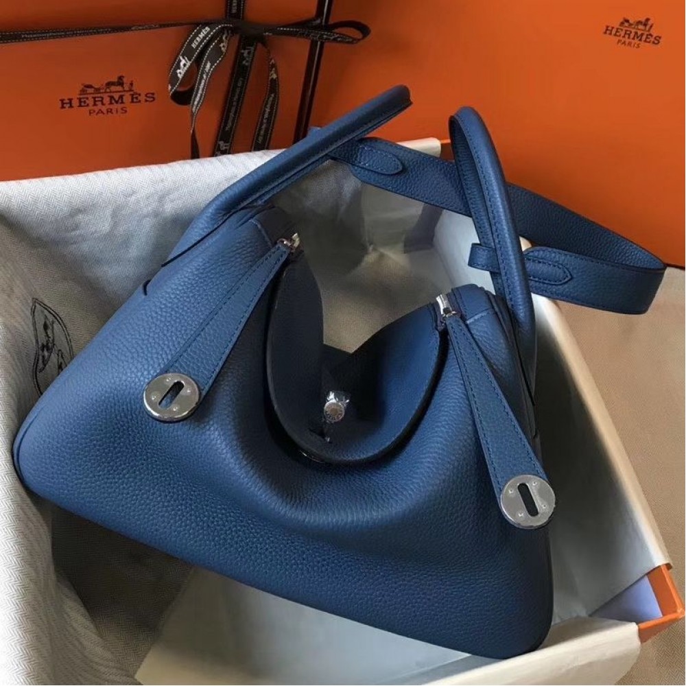 Hermes Lindy 30cm Bag In Blue Agate Clemence Leather PHW