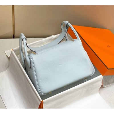 Hermes Lindy 30cm Bag In Blue Brume Clemence Leather GHW