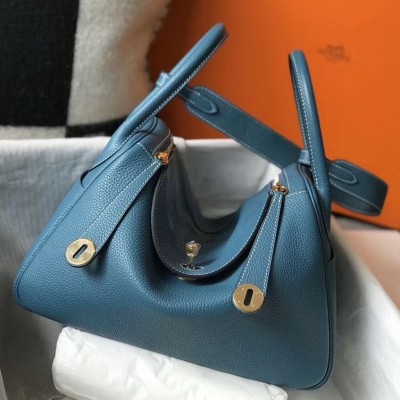 Hermes Lindy 30cm Bag In Blue Jean Clemence Leather GHW