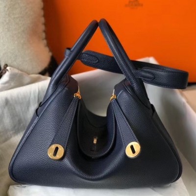 Hermes Lindy 30cm Bag In Navy Blue Clemence Leather GHW