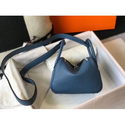 Hermes Lindy Mini Bag In Blue Agate Clemence Leather PHW