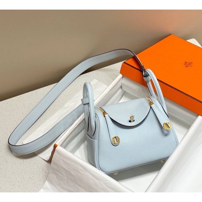 Hermes Lindy Mini Bag In Blue Brume Clemence Leather GHW