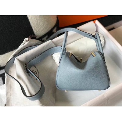 Hermes Lindy Mini Bag In Blue Lin Clemence Leather GHW