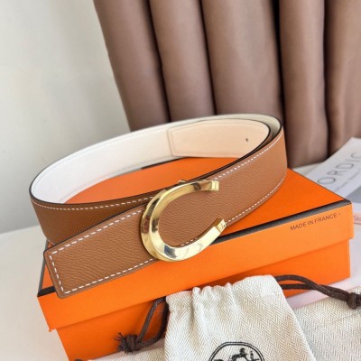 Hermes Luck Reversible Belt 38MM in Gold and White Epsom Calfskin