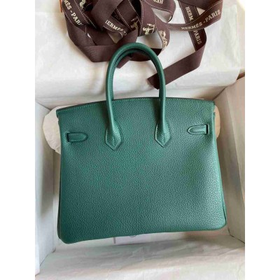 Hermes Birkin 25 Handmade Bag In Malachite Clemence Leather