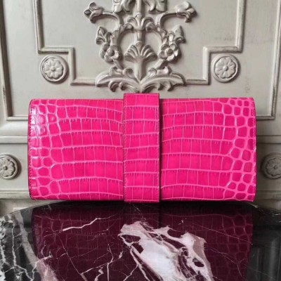 Hermes Medor Clutch Bag In Rose Red Crocodile Leather