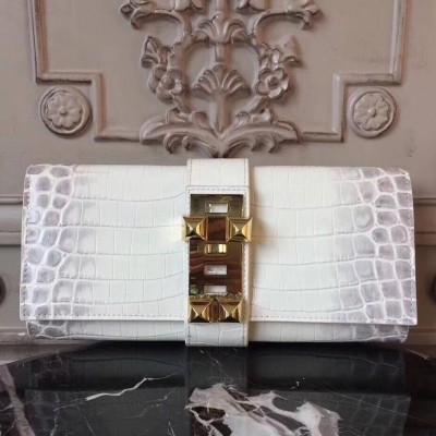 Hermes Medor Clutch Bag In White Crocodile Leather