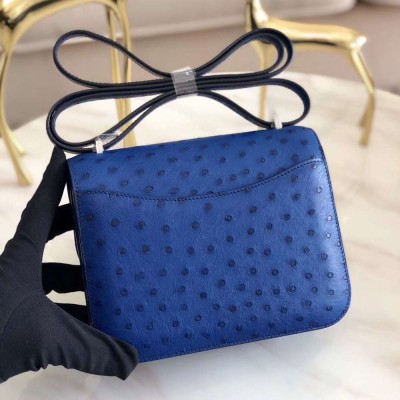 Hermes Constance 18 Handmade Bag In Blue Ostrich Leather