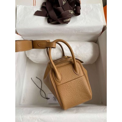 Hermes Mini Lindy Handmade Bag In Biscuit Clemence Leather