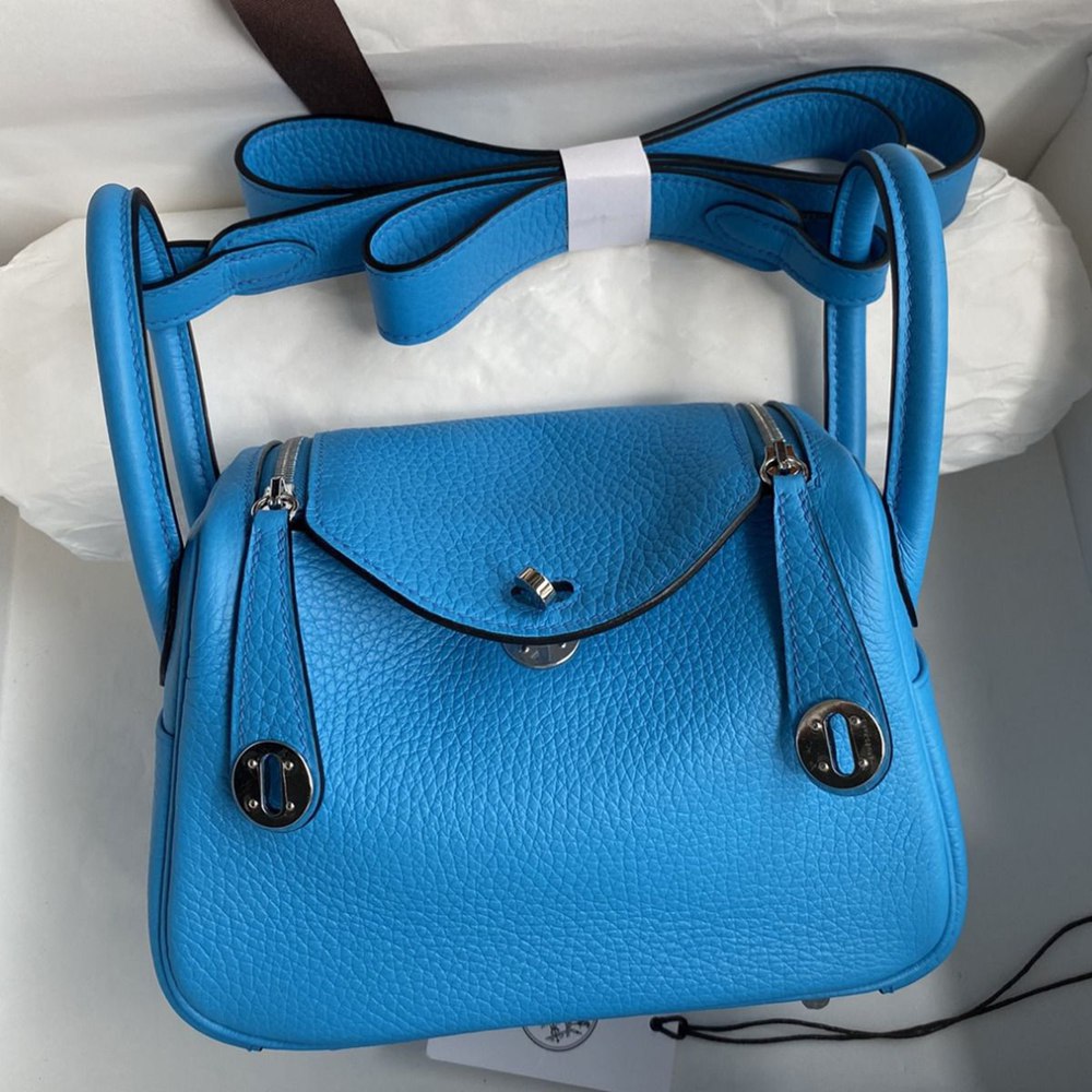 Hermes Mini Lindy Handmade Bag In Blue Frida Clemence Leather